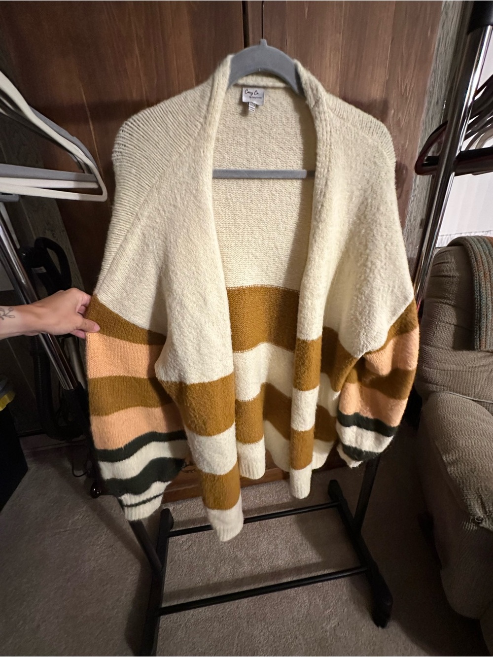 Cozy Colorblock Open Cardigan Sweater - Ivory, Mustard & Peach